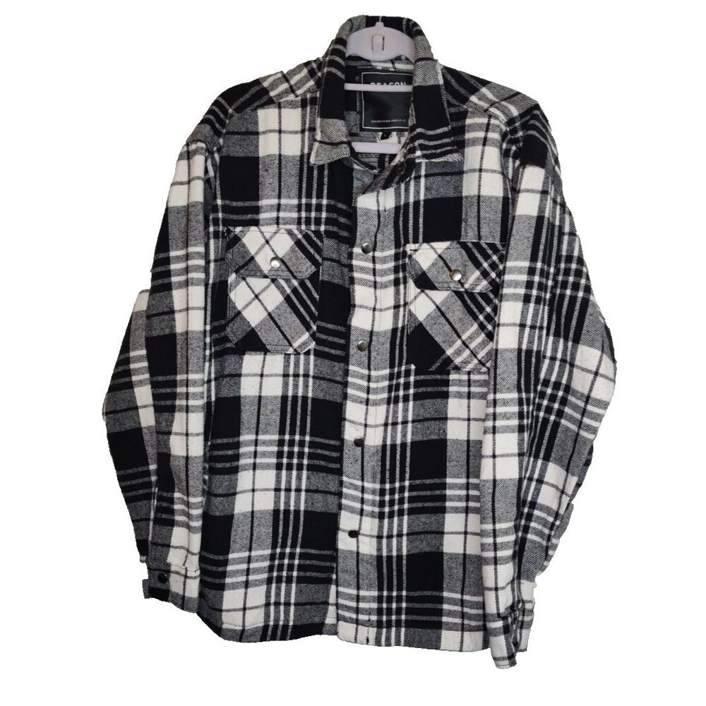 Reason Flannel Mens Shirt Jacket Large Black White Plaid Snaps Pockets Shacket